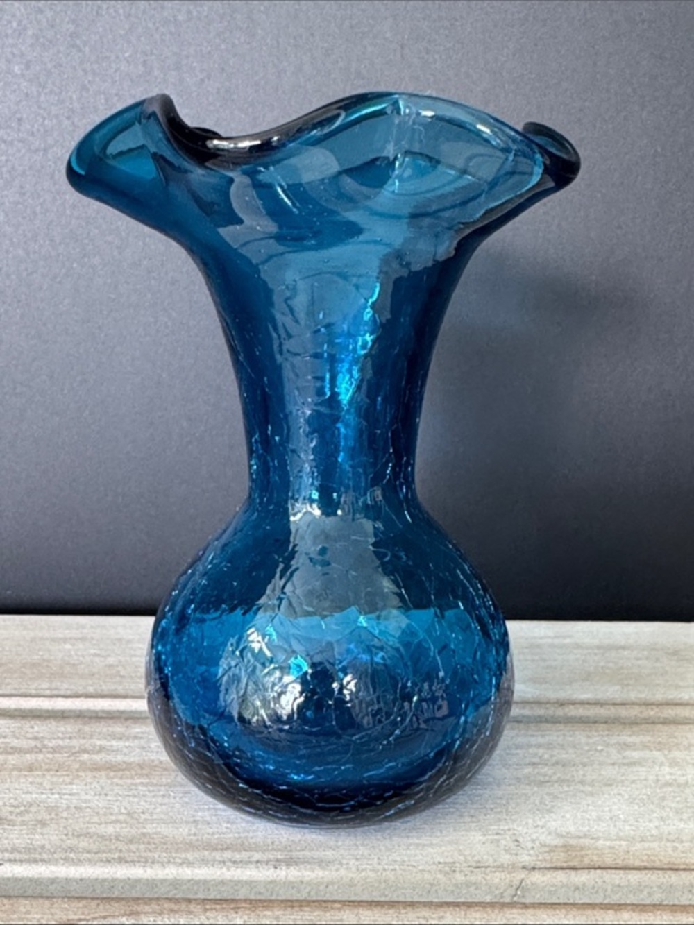 VTG Blue Crackle Glass Vase Ruffled Rim Hand Blown Art Glass Mid-Century